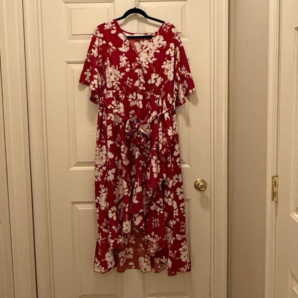Red floral faux wrap dress, Size 18 Plus